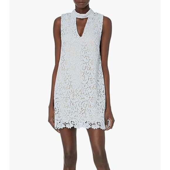 BLU PEPPER Haltered Neck Lace Dress- Icy Blue Nude Slip, Size Medium* - Picture 1 of 8